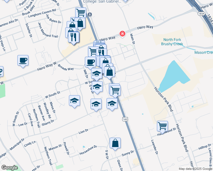map of restaurants, bars, coffee shops, grocery stores, and more near 200 South Brushy Street in Leander