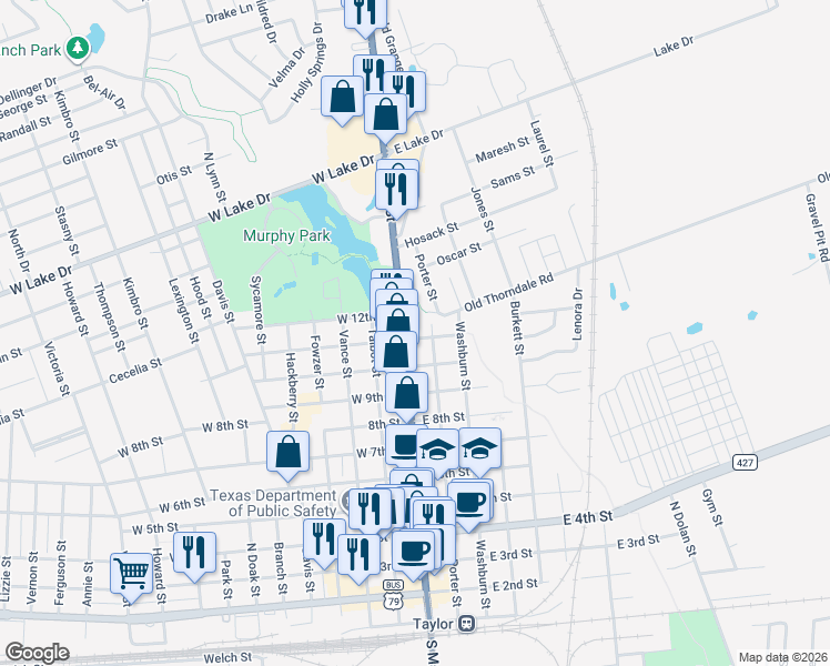 map of restaurants, bars, coffee shops, grocery stores, and more near 107 East 11th Street in Taylor