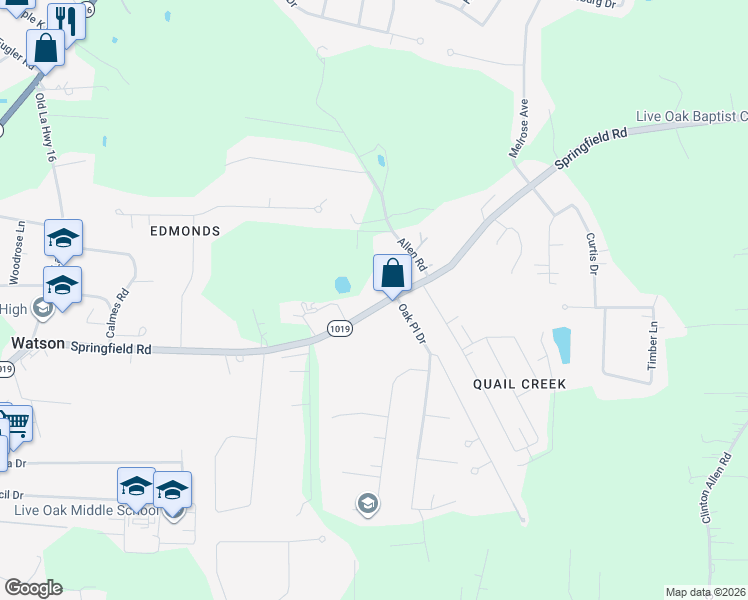 map of restaurants, bars, coffee shops, grocery stores, and more near 8975 Springfield Road in Denham Springs