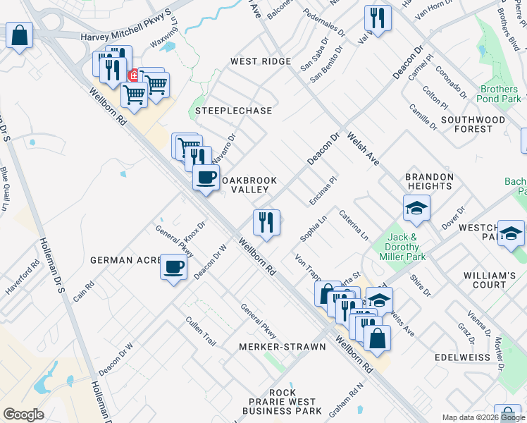 map of restaurants, bars, coffee shops, grocery stores, and more near 400 Heather Lane in College Station