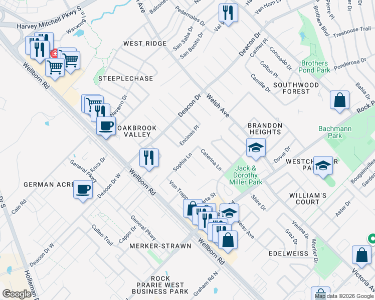 map of restaurants, bars, coffee shops, grocery stores, and more near 602 Encinas Place in College Station