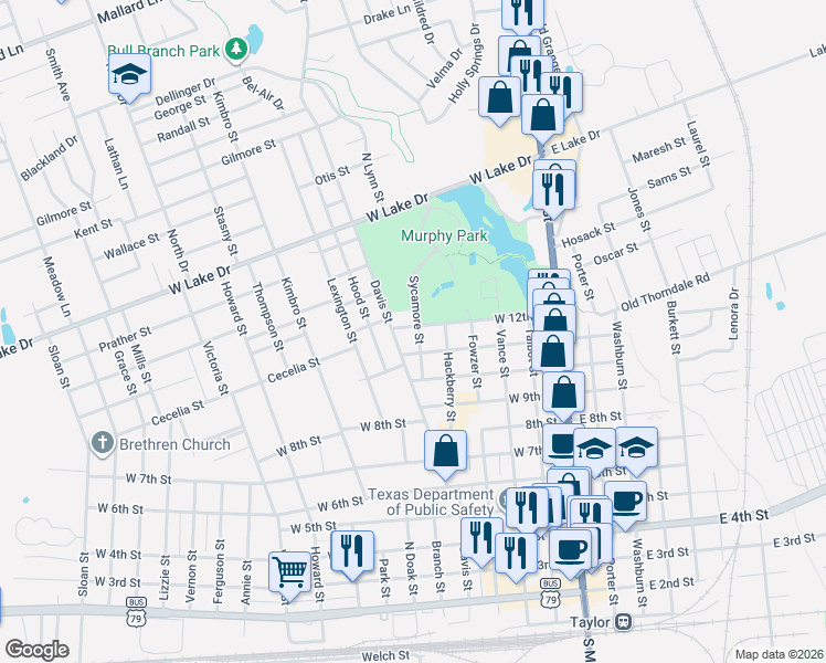 map of restaurants, bars, coffee shops, grocery stores, and more near 1121 Sycamore Street in Taylor