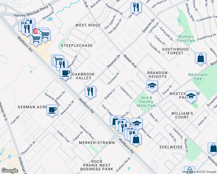 map of restaurants, bars, coffee shops, grocery stores, and more near 602 Encinas Place in College Station