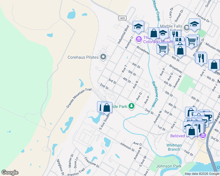map of restaurants, bars, coffee shops, grocery stores, and more near 2001 2nd Street in Marble Falls