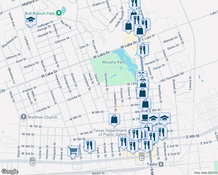 map of restaurants, bars, coffee shops, grocery stores, and more near 1121 Sycamore Street in Taylor