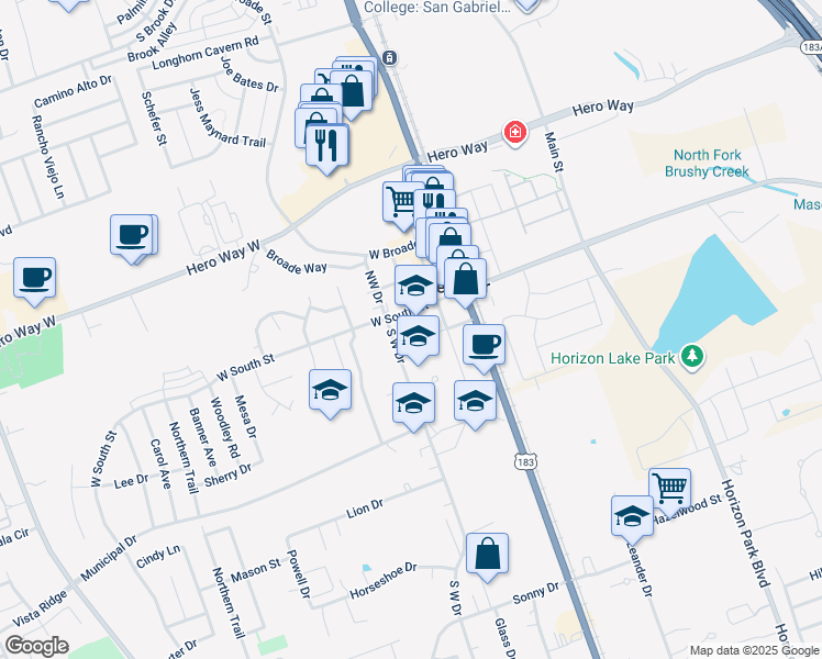 map of restaurants, bars, coffee shops, grocery stores, and more near 204 West South Street in Leander
