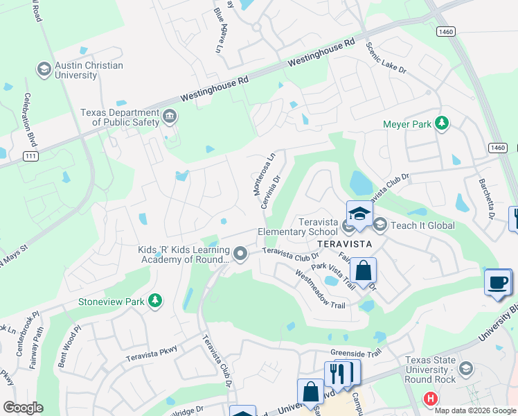 map of restaurants, bars, coffee shops, grocery stores, and more near 4500 Cervinia Drive in Round Rock