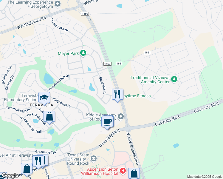 map of restaurants, bars, coffee shops, grocery stores, and more near 2109 Reston Cove in Round Rock