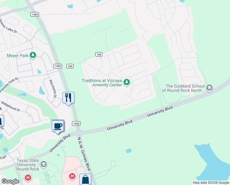 map of restaurants, bars, coffee shops, grocery stores, and more near 4929 Strada Drive in Round Rock