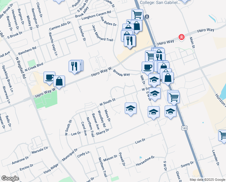 map of restaurants, bars, coffee shops, grocery stores, and more near 112 Dove Song Drive in Leander