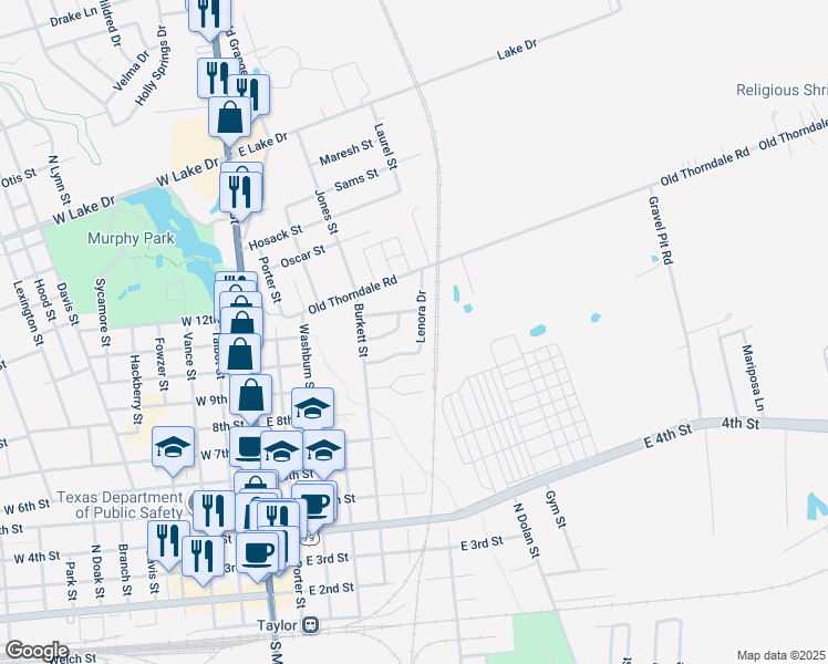 map of restaurants, bars, coffee shops, grocery stores, and more near 507 Lenora Dr in Taylor