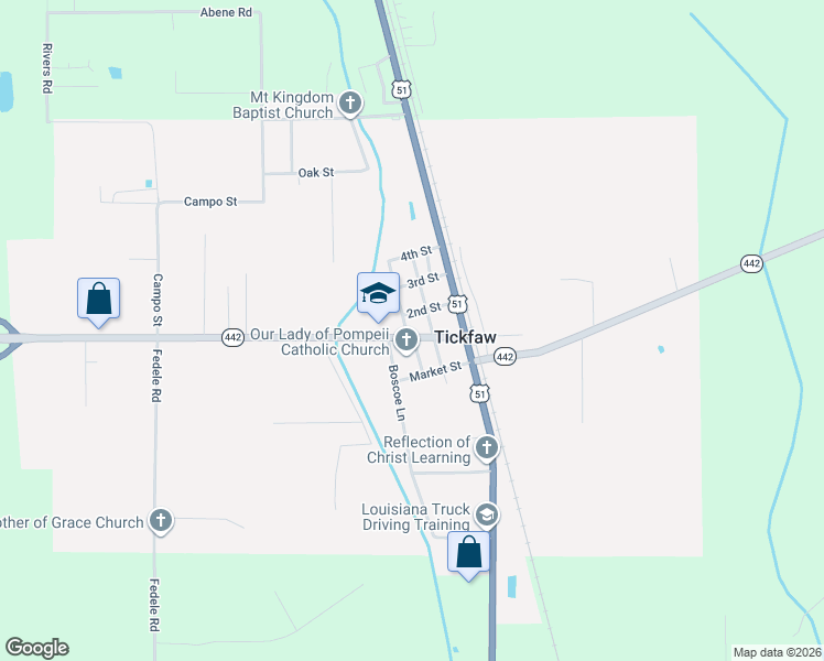 map of restaurants, bars, coffee shops, grocery stores, and more near 50066 Kim Mulkey Drive in Tickfaw