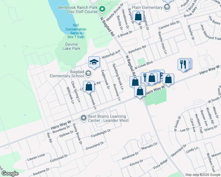 map of restaurants, bars, coffee shops, grocery stores, and more near 602 Eaglecreek Drive in Leander