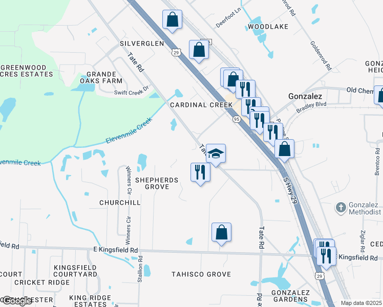 map of restaurants, bars, coffee shops, grocery stores, and more near 1771 Tate Road in Cantonment