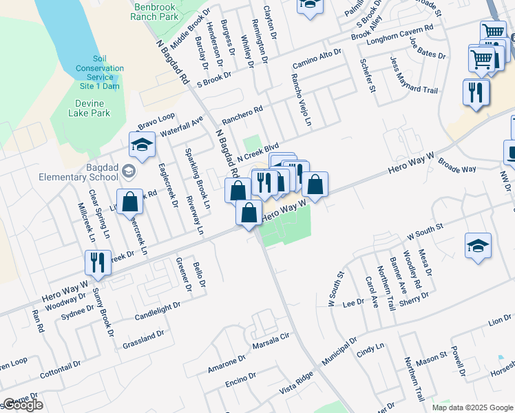 map of restaurants, bars, coffee shops, grocery stores, and more near 11940 Hero Way West in Leander