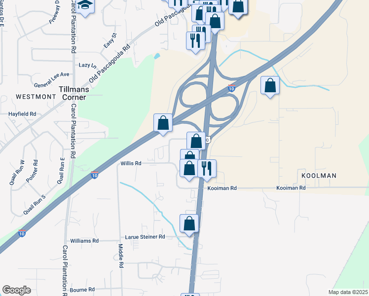 map of restaurants, bars, coffee shops, grocery stores, and more near 5310 Barry Drive in Theodore