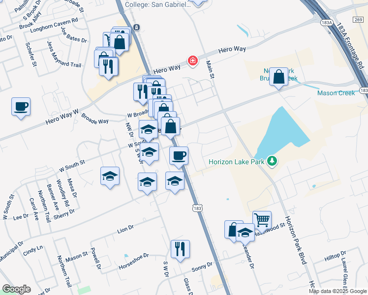 map of restaurants, bars, coffee shops, grocery stores, and more near 301 West South Street in Leander