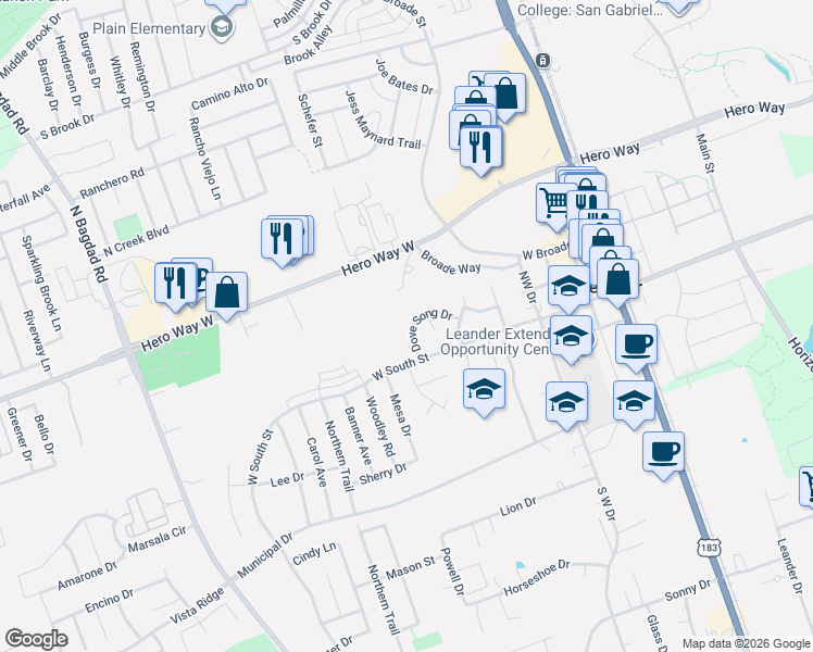 map of restaurants, bars, coffee shops, grocery stores, and more near 111 Dove Song Drive in Leander