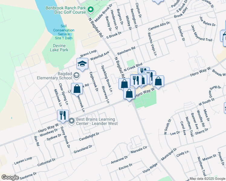 map of restaurants, bars, coffee shops, grocery stores, and more near 512 Sparkling Brook Lane in Leander