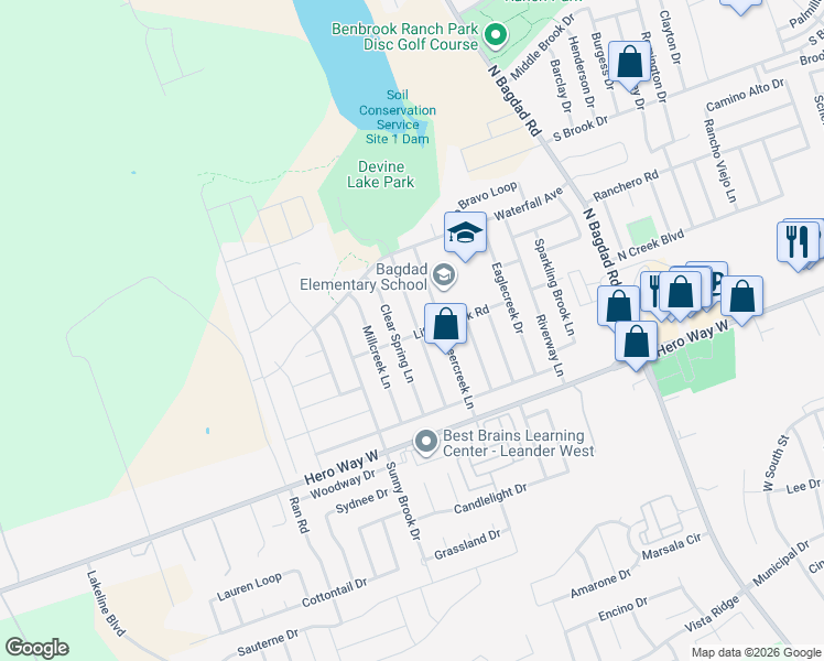 map of restaurants, bars, coffee shops, grocery stores, and more near 701 Maplecreek Drive in Leander