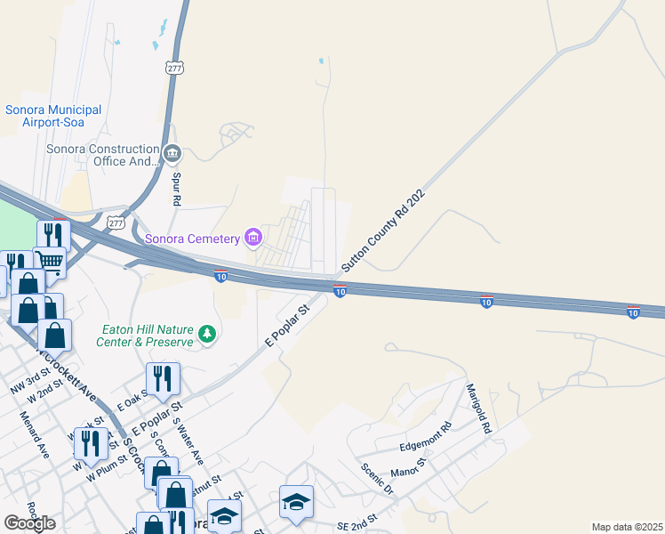 map of restaurants, bars, coffee shops, grocery stores, and more near 101 Deerwood Drive in Sonora