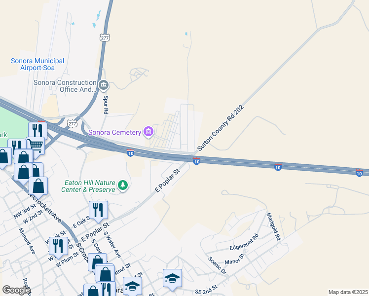 map of restaurants, bars, coffee shops, grocery stores, and more near 101 Deerwood Drive in Sonora