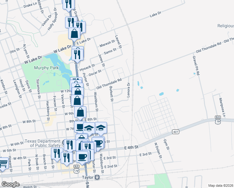 map of restaurants, bars, coffee shops, grocery stores, and more near 403 Sabrina Drive in Taylor