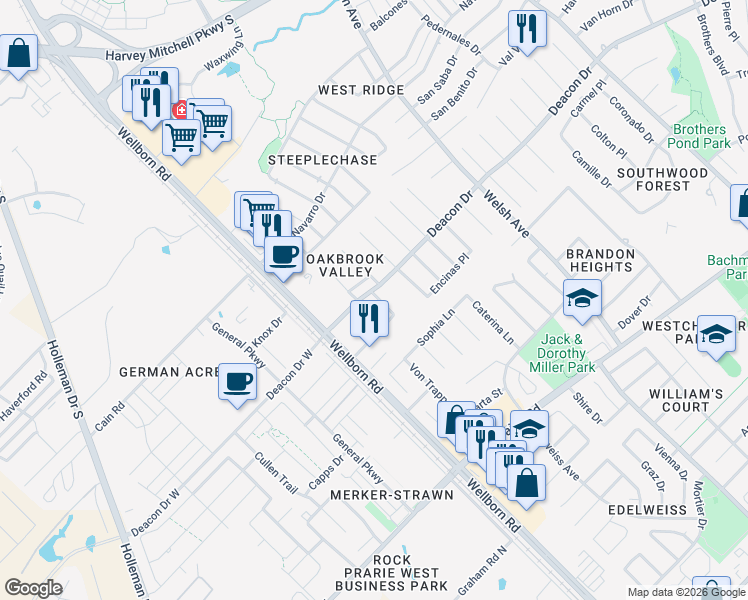 map of restaurants, bars, coffee shops, grocery stores, and more near 627 Fraternity Row in College Station