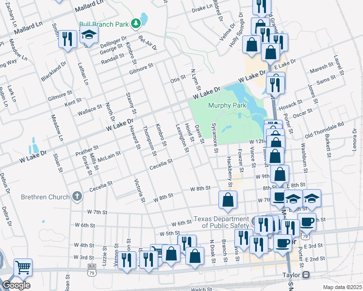 map of restaurants, bars, coffee shops, grocery stores, and more near 1209 Lexington Street in Taylor