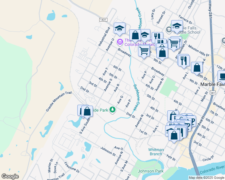 map of restaurants, bars, coffee shops, grocery stores, and more near 308 Avenue R in Marble Falls