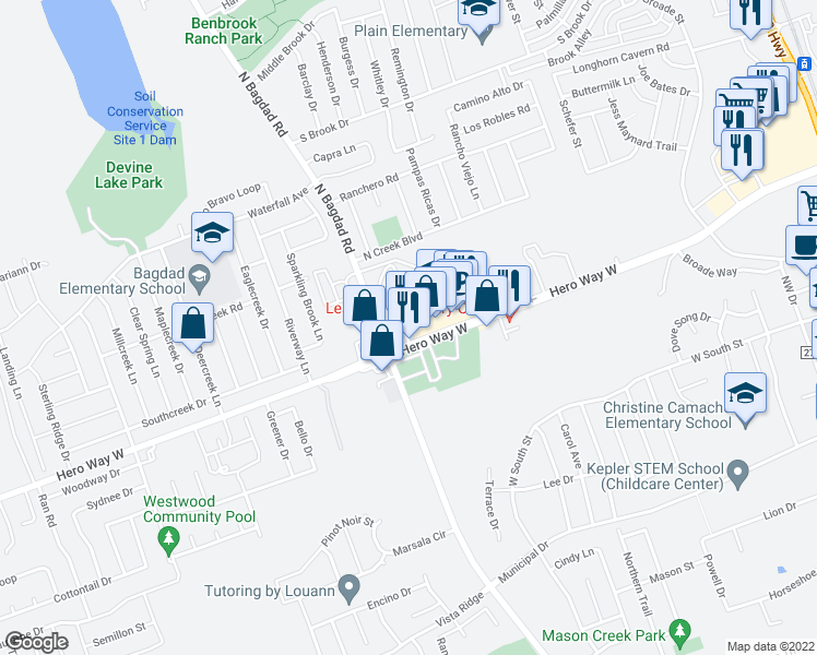map of restaurants, bars, coffee shops, grocery stores, and more near 11940 Hero Way West in Leander