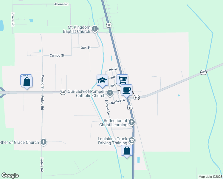 map of restaurants, bars, coffee shops, grocery stores, and more near 50066 Kim Mulkey Drive in Tickfaw
