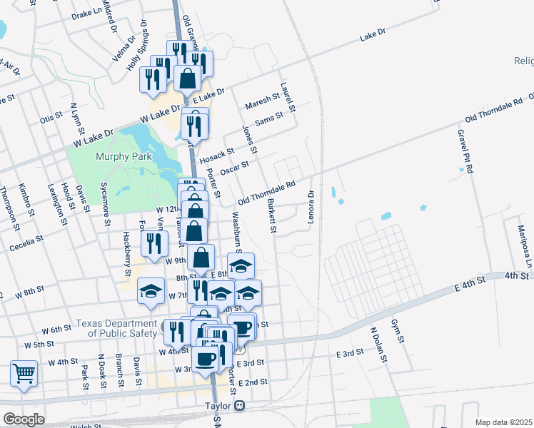 map of restaurants, bars, coffee shops, grocery stores, and more near 1019 Burkett Street in Taylor