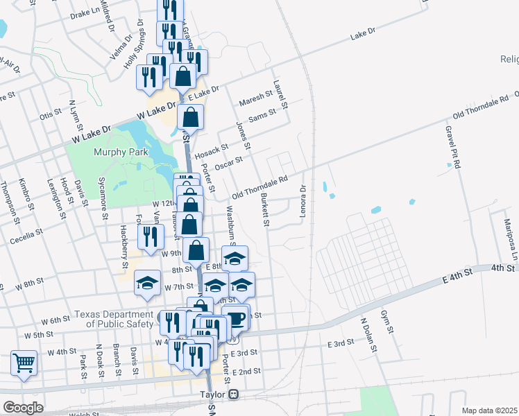 map of restaurants, bars, coffee shops, grocery stores, and more near 1019 Burkett Street in Taylor