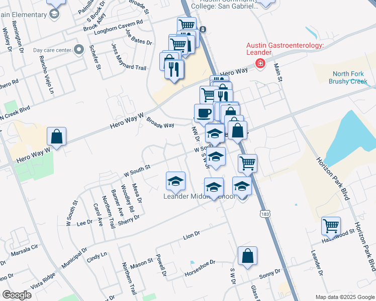 map of restaurants, bars, coffee shops, grocery stores, and more near 100 Windmill Circle in Leander