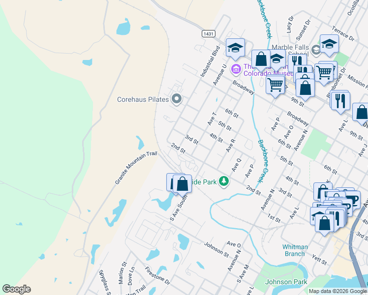 map of restaurants, bars, coffee shops, grocery stores, and more near 2001 2nd Street in Marble Falls