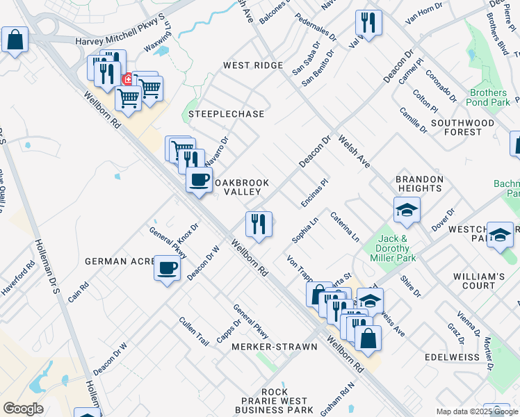 map of restaurants, bars, coffee shops, grocery stores, and more near 609 Fraternity Row in College Station