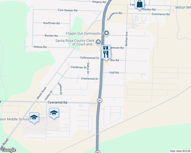 map of restaurants, bars, coffee shops, grocery stores, and more near 5684 Crestwood Drive in Milton