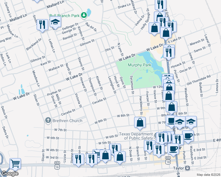 map of restaurants, bars, coffee shops, grocery stores, and more near 1209 Lexington Street in Taylor