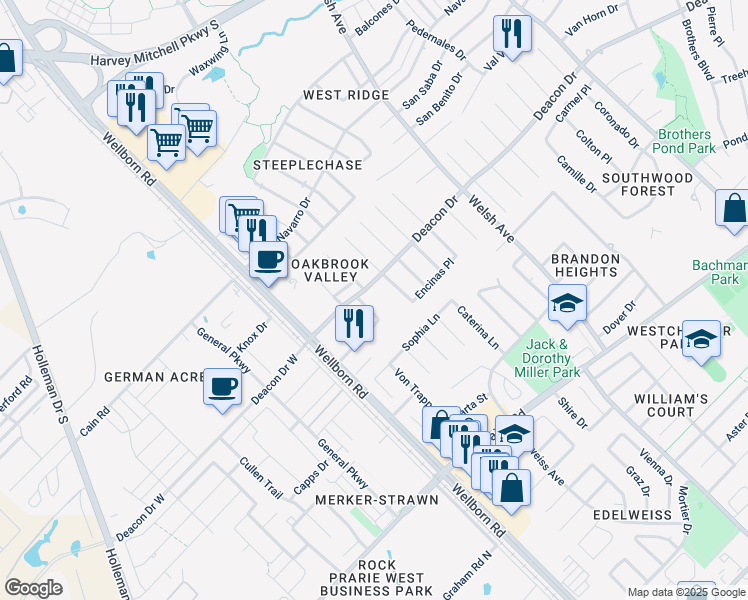 map of restaurants, bars, coffee shops, grocery stores, and more near 550 Fraternity Row in College Station