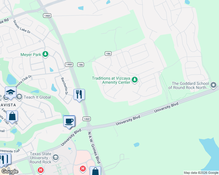 map of restaurants, bars, coffee shops, grocery stores, and more near 4912 Bruco Lane in Round Rock