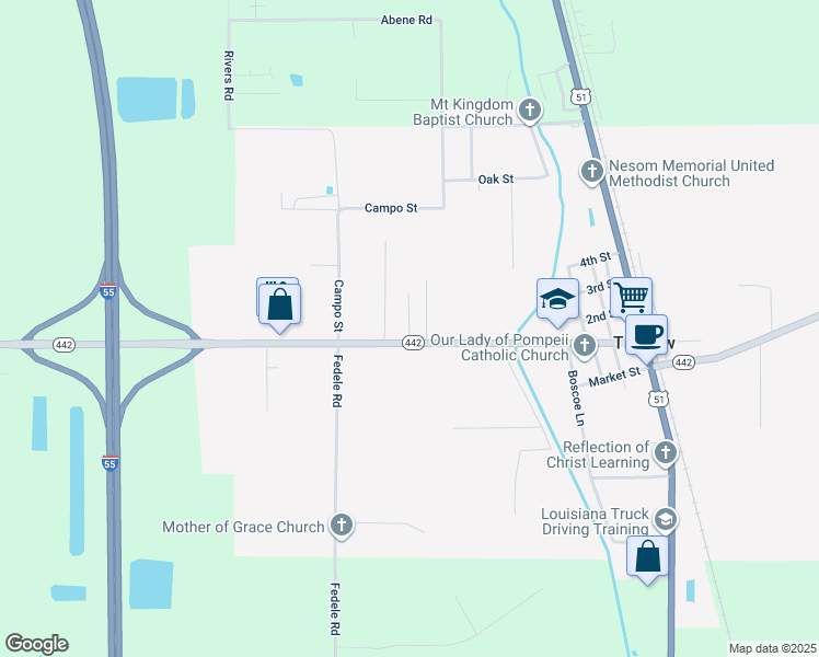 map of restaurants, bars, coffee shops, grocery stores, and more near 14265 Louisiana 442 in Tickfaw