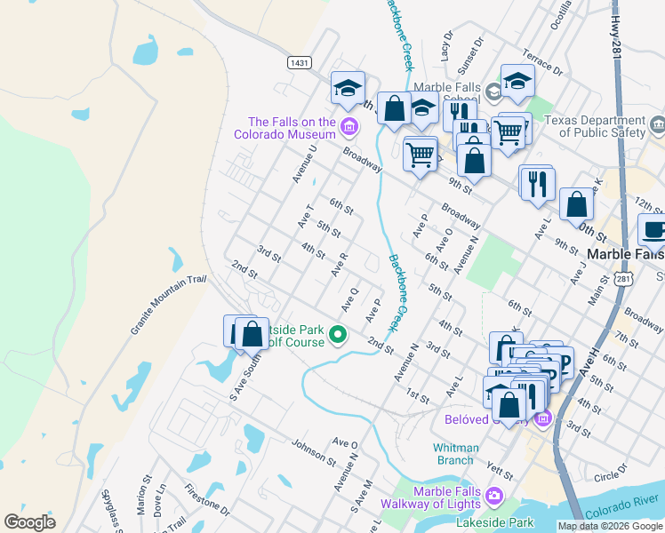 map of restaurants, bars, coffee shops, grocery stores, and more near 308 Avenue R in Marble Falls