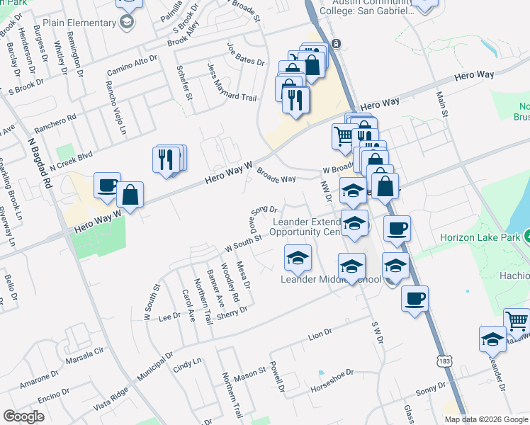 map of restaurants, bars, coffee shops, grocery stores, and more near 124 Dove Song Drive in Leander