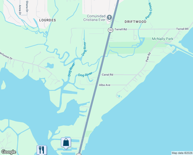 map of restaurants, bars, coffee shops, grocery stores, and more near 4510 Dauphin Island Parkway in Mobile