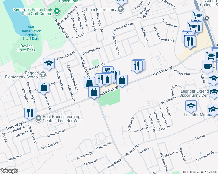 map of restaurants, bars, coffee shops, grocery stores, and more near 11880 Hero Way West in Leander