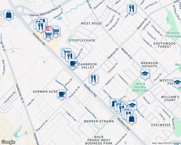 map of restaurants, bars, coffee shops, grocery stores, and more near 400 Heather Lane in College Station