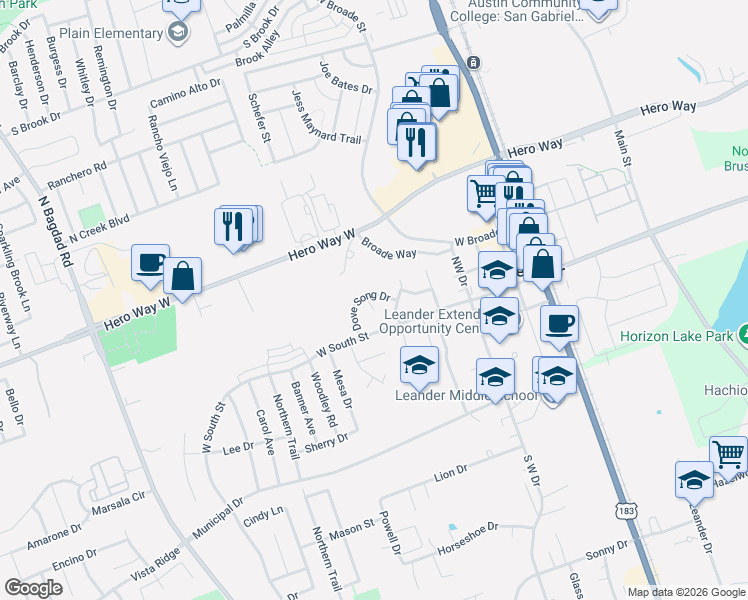 map of restaurants, bars, coffee shops, grocery stores, and more near 124 Dove Song Drive in Leander