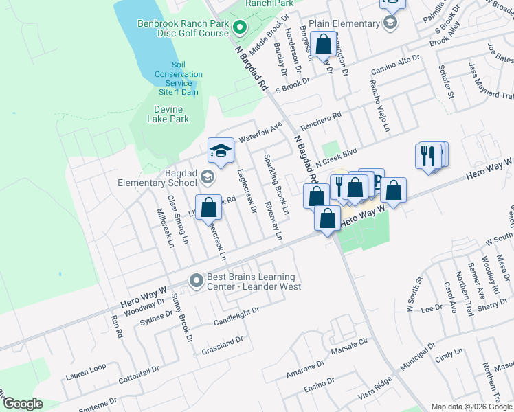 map of restaurants, bars, coffee shops, grocery stores, and more near 602 Eaglecreek Drive in Leander