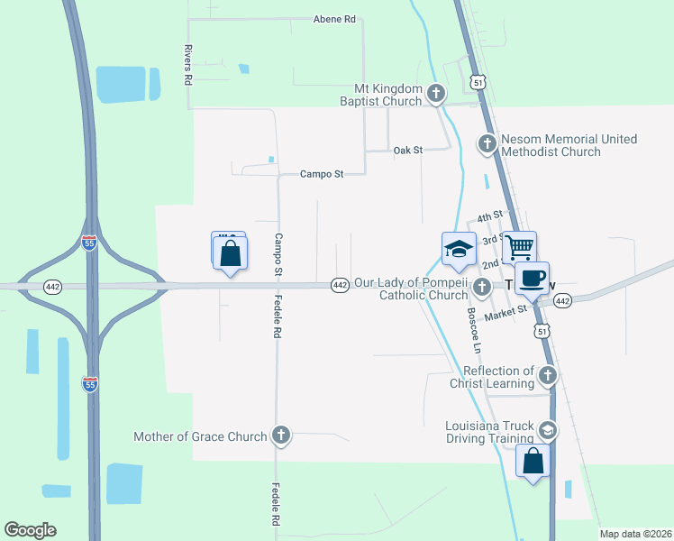 map of restaurants, bars, coffee shops, grocery stores, and more near 14233 Louisiana 442 in Tickfaw